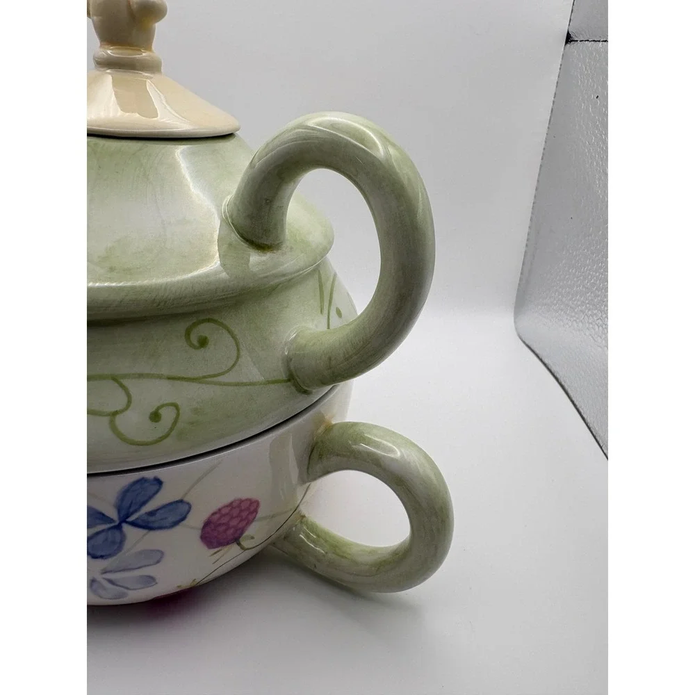 Tracy‎ Porter Hand Painted Ceramic Tea For One Set Stacking Teapot and Cup Green